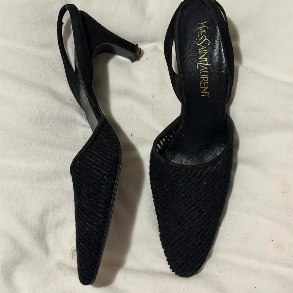 Yves Saint Laurent Black Textured Slingback Pointed Pumps